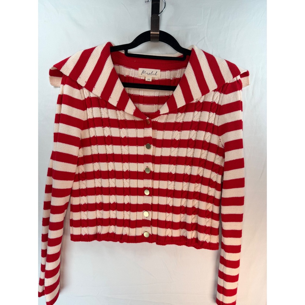 Marled Red White Striped Cable Knit Sailor Collar Cardigan Gold Buttons M
